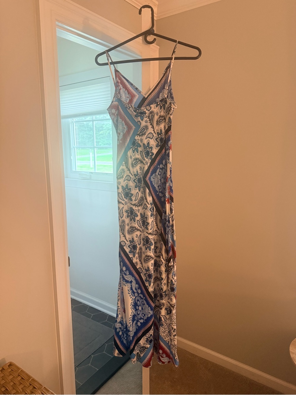 LOFT Blue and White Patchwork Slip Maxi Dress